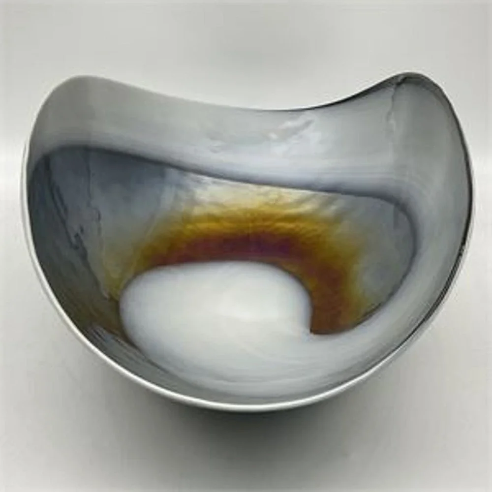 Murano Italy Art Glass Bowl Iridescent Swirl Centerpiece Blue Black Gold Wave